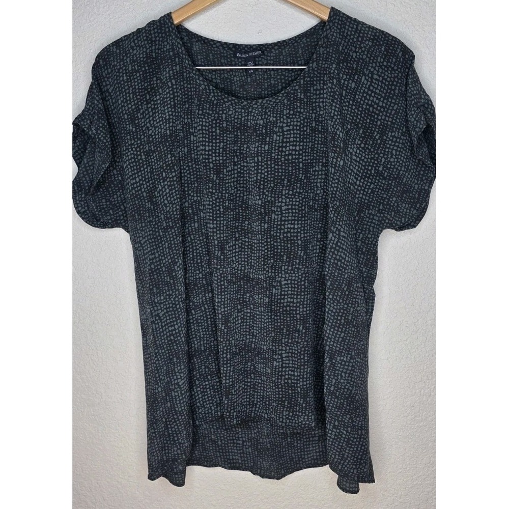 NEW Eileen Fisher Women L Top Black Morse Code 100% Silk Short Sleeve Blouse